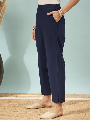 Image of D K W Women's Mid Rise Relaxed Fit Cotton Flex Trousers with Elastic Back & Drawstring - Ideal for Winter, Formal, Office & Casual Wear, Comfortable for Girls and Women
