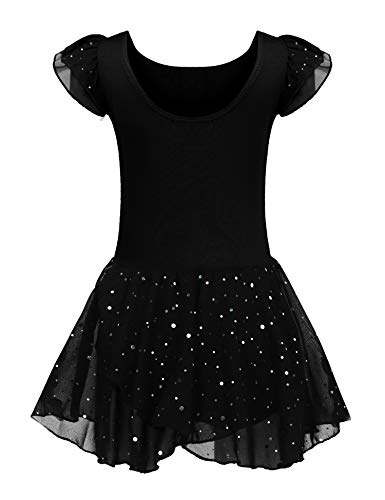 Kinder Ballettkleidung Ballettkleid Mädchen Kurzarm Baumwolle Balletttrikot Ballettanzug Tanzkleid Tanzbody mit Rock Tütü, 130, Schwarz