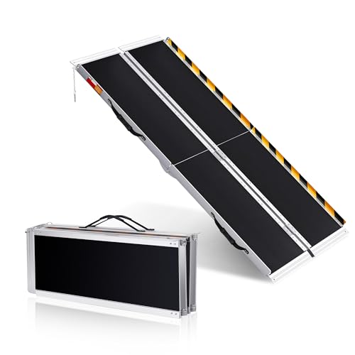 Portable Wheelchair Ramp 8FT- Heavy Duty 600 Lbs Capacity Non-Slip Access Ramp Lightweight Easy-Moving Foldable Design Aluminum Folding Wheelchair Ramp for Stairs Doorways Scooters Home Steps