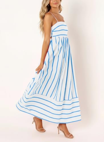 Image of chouyatou Women's Striped Back Smocked Maxi Dress Sexy Spaghetti Strap Cut Out Flowy Swing Long Dress