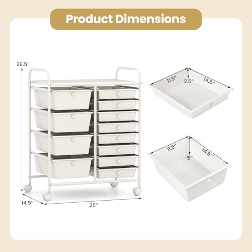 Image of LDAILY 12 Drawer Rolling Storage Cart, Rolling Cart with Drawers for Classroom, Art Supply Craft Organizer on Wheel with Metal Frame & Handles for Home Office School (White, 12 Drawer Left-Right)