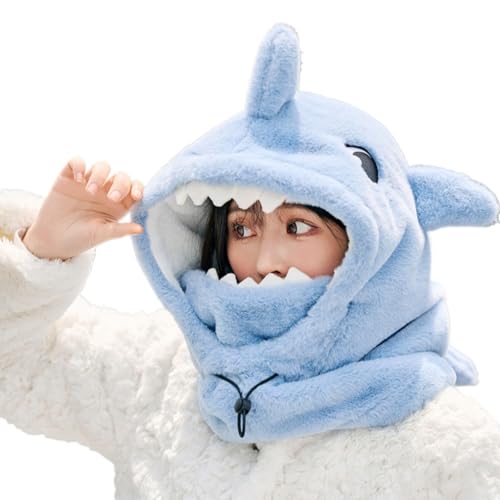 Skihelm-Überzug für den Winter warm bequem weiches Fleece niedlicher Skihelm Kapuze Hals Cartoon-Hai-Helm-Überzug blau L