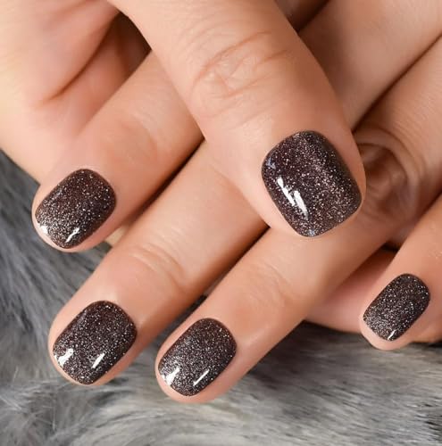 CurvLife Short Square Cat Eye Glitter Press On Nails, Starry Brown Black