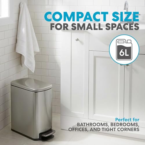 Image of SIMPLI-Magic 6L /1.6G Stainless Steel Bathroom Trash Can with Hands-Free Foot Pedal, Quiet Soft-Close Lid, Compact Space-Saving Size