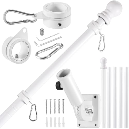 BONWIN White Flagpole Kits, 6 FT Thickened Stainless Steel House Porch Wall Flag Pole Kit for 3x5'/4x6' Flag, 1