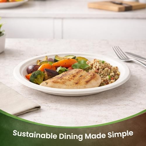 Image of Eco Aaroyaa Round Extra Large Bagasse 12 Inch Disposable Plates - Eco-Friendly Disposable Plates for food - Biodegradable disposable Plate, Strong and Sturdy, Oil & Water Resistant use and throw plates (Pack of 50)