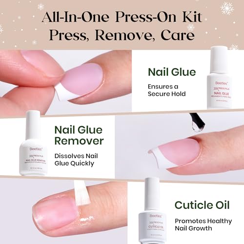 Image of Beetles X Press Plus Red French Tip Nails - Crimson French | 5 Colors Press On Nails Short Square | 160Pcs 16 Sizes All-in-One Kit Acrylic Nail with Nail Glue,Remover,Builder Top Coat,Nail Lamp Gift