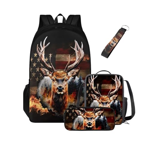 American Flag Deer Hunting Backpack for Kids 14-16 Large Capacity Boys Bookbag with Lunch Bag 4 Pcs Girls School Backpacks Set for Elementary Middle School Casual Rucksack2