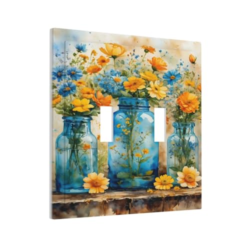 Decorative Switch Covers Plate Rustic Yellow Flowers Floral Blue Bottles 2 Gang Wall Plate Oversized Double Toggle Light Switch Plate Wall Cover Plate Faceplate for Country Home Decor