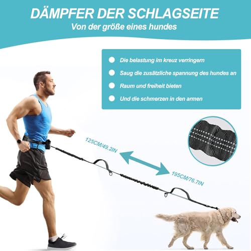 Joggingleine Hunde - Freihandleine Hund, Retrieverleine mit Zugstopp, Abnehmbare Hüfttasche und Sicherheitsgurt, mit Hundetrainings-Clicker, für alle Hunderassen, für Joggen und Radfahren(Schwarz)