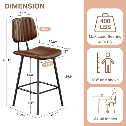 Image of Raynesys 24-Inch Leather Bar Stools Set of 4 with High Backrest, Dark Brown