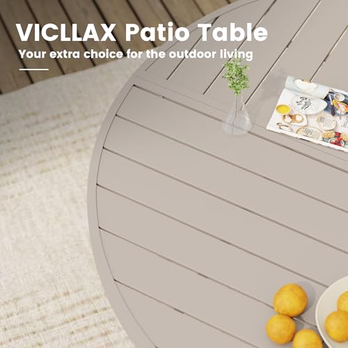 Image of VICLLAX 63 inch Round Outdoor Table, Patio Dining Table for 8-10 with Umbrella Hole for Garden Lawn Deck Backyard, Sandshell