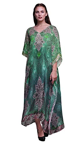 Caftan Maxi Robe de Plage Longue à Motif Plume de Paon pour Femme