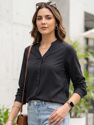 Image of Urbano Fashion Women's Modal Viscose Full Sleeve Regular Fit Casual Solid Shirt with Mandarin Collar