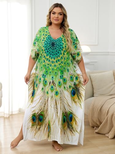 Image of KECVOT Kaftan Dresses for Women V-Neck Print Swimsuit Cover Up Plus Size Beach Caftan Lounge Dress
