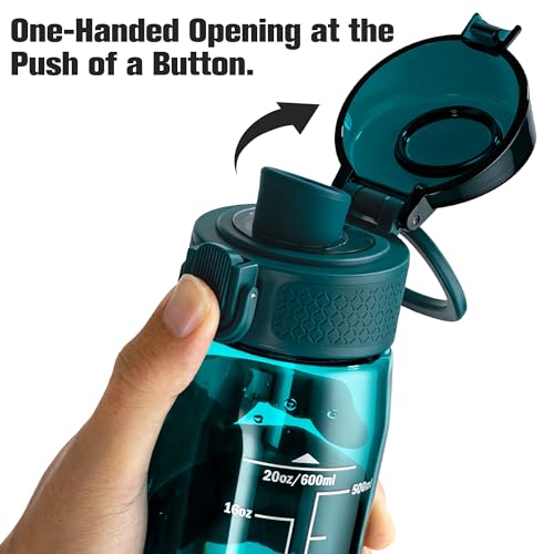 Image of GOPPUS 20oz Kids Water Bottle with Time Marker & Handle, Tritan BPA-Free, Reusable Leakproof Anti-Dust Everyday, Clear Kids Water Bottles For School,Car Travel, Gifts Boys Girls(Dark Green)