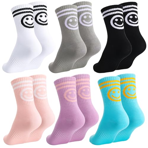 Utensilsto 6 Paar Tennissocken für Kinder 30-34 Baumwolle Streifen Sportsocken Lustige Socken mit Motiv Strümpfe mit lächeln Motiv Geschenke für Jungen und Mädchen