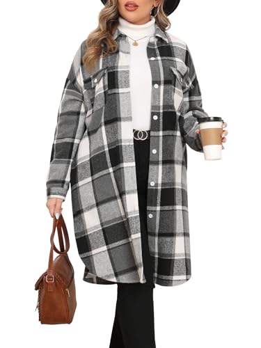 TIANZHU Womens Plus Size Long Sleeve Flannel Plaid Shacket Jacket Knee Length Lapel Button Down Coats Shirts Casual Shacket