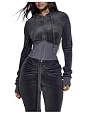 GORGLITTER Women's Zip Up Cropped Hoodie Trendy Fall Long Sleeve Velvet Cinched Waist Fashion Hooded Sweatshirt Jacket Dark Grey X-Large