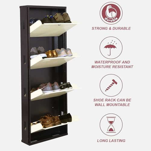 Image of Metal Shoe Rack Wall Mounted for Home with Central Locking 4 Door 20 inch Wall Mounted Metal 8 Pair Shoe Rack Cabinet Pre-Assembled Rack Shelves | 3 Year Warranty (Brown & Ivory)