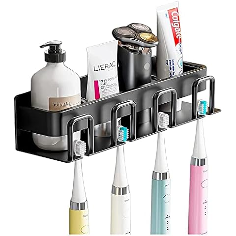 Toothbrush Holder Wall Mounted, No Drilling Electric Toothbrush Organiser Bathroom Toothpaste Storage Rack with 4 Brush Slots and Cups Holder (Black) Cover