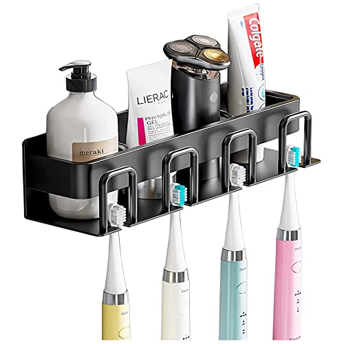 Support mural pour brosse à dents électrique sans perçage avec 4 emplacements pour brosses à dents et porte-gobelets (noir) Cover