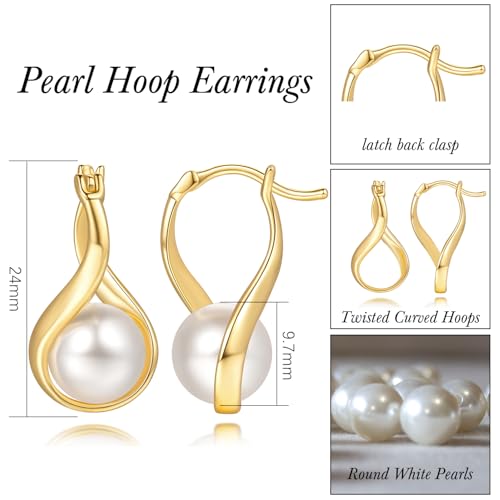 Pearl Earrings for Women Gold Hoop Earrings Solitaire 14K Gold Earrings for Women Teardrop-Shaped with Twisted Lines Eye-catching Pearl Drop Dangle Hoop Earring for Womens2