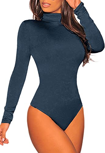 Ancapell Women's Sexy Long Sleeve Stretchy Bodysuits Turtleneck Bodycon Leotard Top N-Navy Small