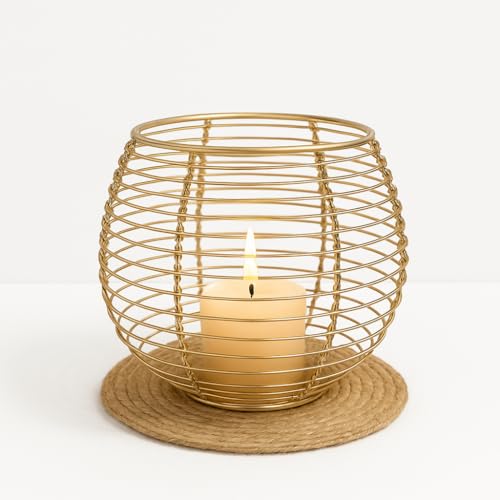 Image of The Purple Tree Gold Wire Candle Holder for Home Decor | Modern Round Metal Lantern with Glass Jar | Centerpiece for Living Room, Table, Diwali, Christmas, Gifting (Gold)