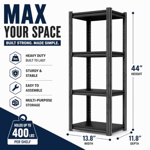 Image of Garage Shelving 4-Tier Heavy Duty Metal Unit 2000 LBS Adjustable Boltless Storage Rack, Organizer for Garage Warehouse Kitchen Basement Workshop Household Supplies, 44 inchH x 13.8 inchW x 11.8 inchD, Black