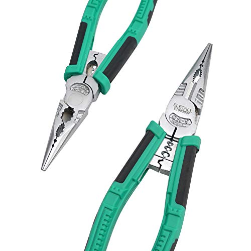 Long Needle Nose Pliers Heavy Duty Combination Side Cutting Pliers with Wire Stripper/Crimper/Wire Cutter Function 8 inch CRV Multifunctional Industrial Electrician Pliers