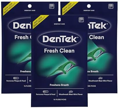 DenTek Fresh Clean Floss Picks, Extra Tight Teeth Dental Flossers, Freshens Breath, Removes Plaque and Food, Mouthwash Blast Mint Flavor, 75 Count (Pack of 3)