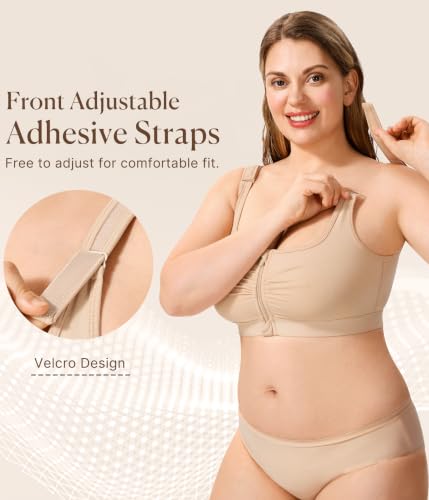 Image of BRABIC Wireless Zip Front Closure Bras for Women No Underwire Full Coverage Comfort Everyday Post Surgery Compression Bra (US, Alpha, 3X-Large, Regular, Regular, Beige)