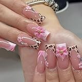 24Pcs 3D French Tip Press on Nails Long Square Flower Fake Nails with Rhinestones Design Pink False Nails Leopard Coffin Tip Stick on Nail Spring Summer Acrylic Nail Floral Glue on Nails for Women