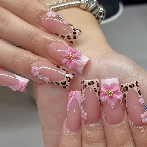 24Pcs 3D French Tip Press on Nails Long Square Flower Fake Nails ...