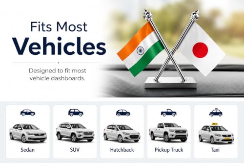 Image of The Flag Company India & Japan Car Dashboard Flag 2x3 Inch Premium Flags with Stainless Steel Pole & Base | Compact Dual Display for Car Interiors & Desks