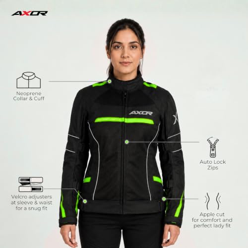 Image of Axor Divazz Women Motorcycle Riding Jacket, CE Armour Protective Bike Jacket, All-Weather Touring Riding Gear with Ventilation Panels, Black Neon Green, L