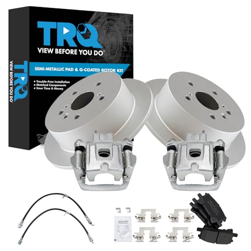 Image of TRQ Rear Brake Pad and Rotor Set Semi Metallic Coated Rotors Calipers Compatible with 2004-2006 Lexus RX330 2006-2007 RX400h 2006-2007 Toyota Highlander Front Wheel Drive