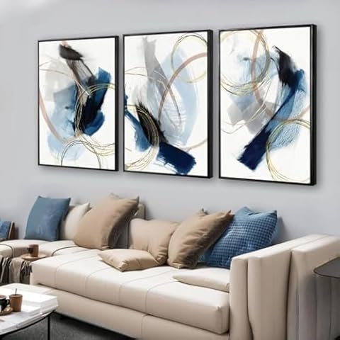 3 Piece black franed Abstract Wall Art Blue Paintings Minimalist Wall Decor Graffiti Poster Modern Artwork Picture Canvas Print,Framed for Living Room Bedroom Cover