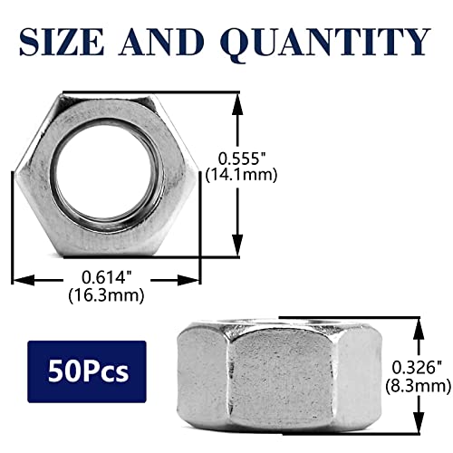 Image of 3 /8-16 Hex Nuts 50Pcs 304 Stainless Steel 18-8, Full Thread, Hex Drive, Bright Finish by SG TZH