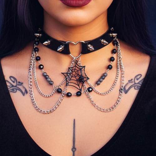 Zoestar Punk Leder Choker Halskette Schwarz Gothic Halsband Spinnennetz Spiked Halloween Halskette Kette für Frauen