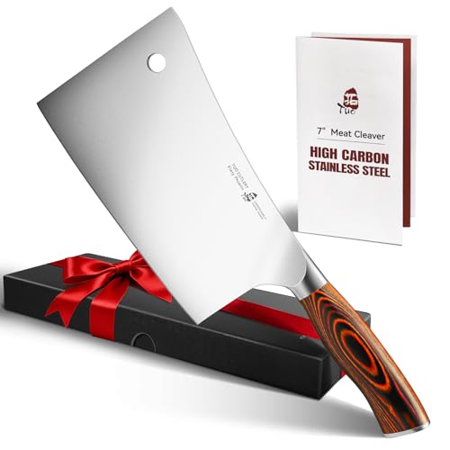 TUO Meat Cleaver, 7 inch Heavy Duty Bone Chopper, High Carbon German Stainless Steel Butcher Knife, Pakkawood Handle Kitchen Chopping Knife with Gift Box - Fiery Phoenix Series