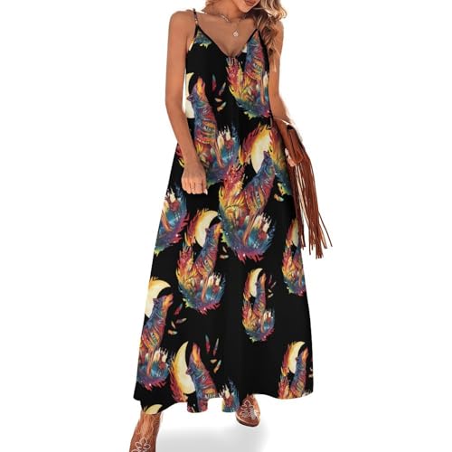 Robe longue maxi pour soirées d'été motif loup et cerfs sous la lune