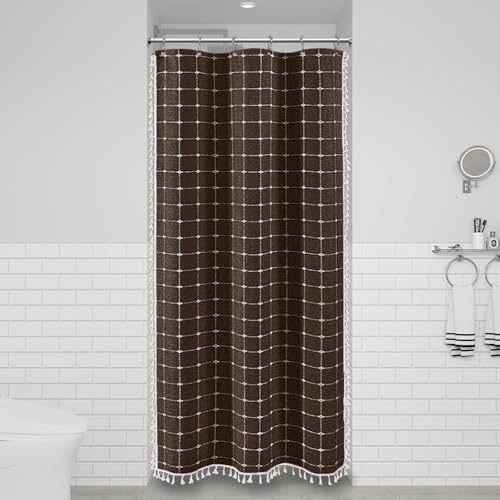Image of BTTN Boho Shower Stall Curtain - 36x72 Narrow Linen Ultra Thick Tassel Fabric Cloth Shower Curtain Set with 6 Plastic Hooks, Half Camper RV Modern Farmhouse Country Shower Curtains for Bathroom, Brown