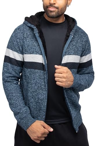 X RAY Mens Zip Up Fleece Lined Knit Cardigan Hooded Sweater, Full Zip Classic Fit Sweater with Stripes & Lining3