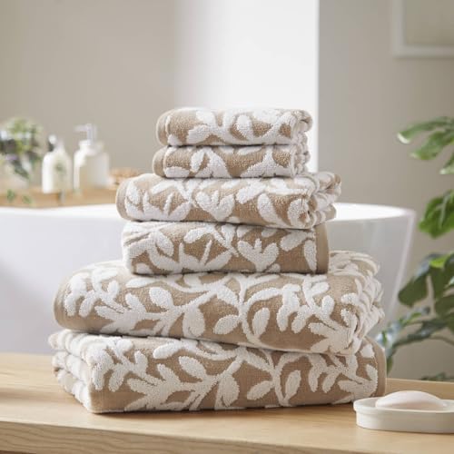 Madison Park Floral Decorative Towel Set of 6 Zero Twist Cotton Bath Towel Set with Botanical Leaf Pattern Soft Absorbent Quick Dry Bathroom Towels Bath Hand Washcloth Set Taupe