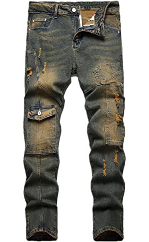 Men's Vintage Skinny Fit Ripped Distressed Stretch Patched Biker Moto Heavy Metal Washing Fashion Denim Jeans Pants,Y1029,28