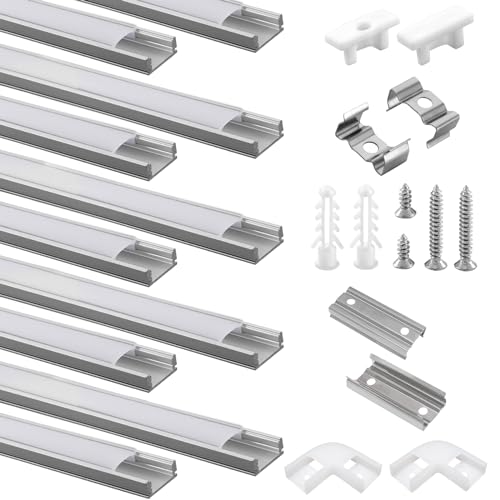 Efishine 10 Pack LED Profile Aluminium 10 x 1 m U-Shape Aluminium Profile with Milky Cover for LED Strips End Caps and Mounting Bracket for LED Strips Very Easy Installation