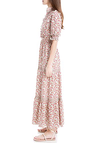Max Studio Women's Elbow Length Sleeve Print Tiered Maxi Dress, Cream/Berry Lattice Cala Lily, Small #TOP1