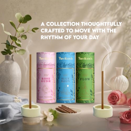 Image of Twohands Premium Bambooless Dhoop Sticks Combo Pack of 3 - Rose Oudh, Blue Moon & Flow |30 Sticks Each with Ceramic Stand |Charcoal Free Dhoopam,Dhup & Incense Sticks for Pooja, Meditation